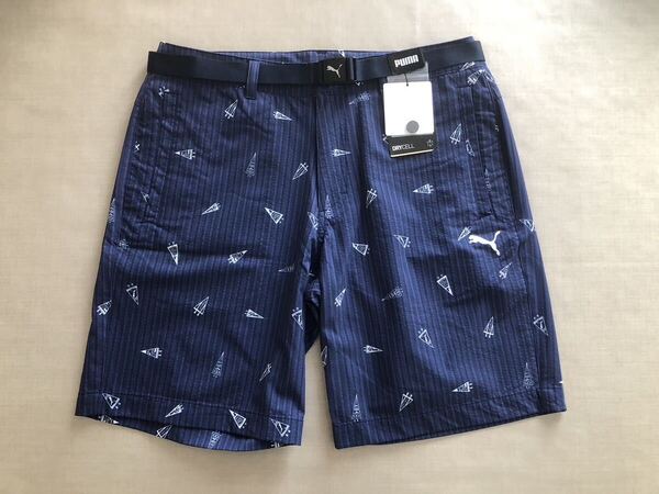 送料無料◆新品◆PUMA GOLF フラッグプリント シアサッカー ショートパンツ◆(M)◆622429-01(ネイビー)◆プーマ ゴルフ・ハーフパンツ
