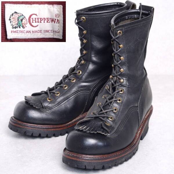 【US9E】【白タグ】90s チペワ 91016 ロガーブーツ 編み上げ 黒 ブラック レザー ヴィンテージ CHIPPEWA USA製