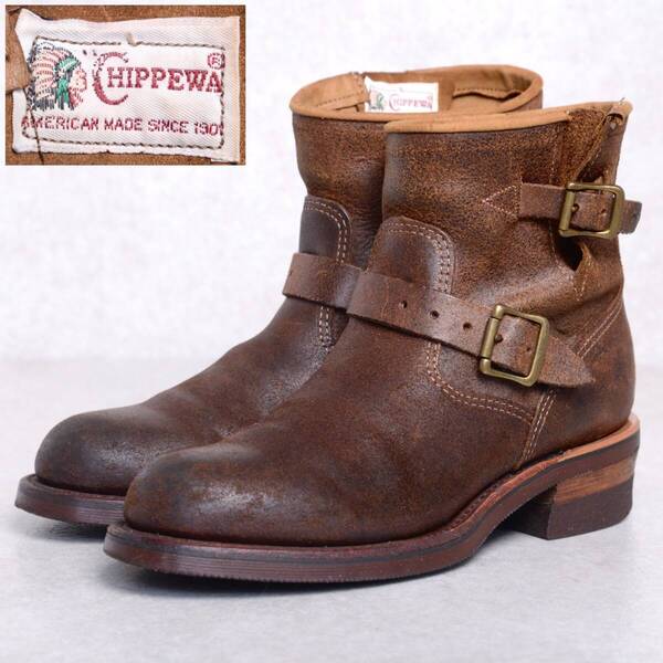 【US9D】【白タグ】チペワ 27910 ショート エンジニア ブーツ ブラウン スエード USA製 CHIPPEWA ヴィンテージ