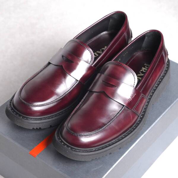 【size7.5】【箱付き美品】プラダ ロゴ 厚底 レザー ローファー スリッポン バーガンディ ブラウン PRADA EAGLE NERO プラダスポーツ
