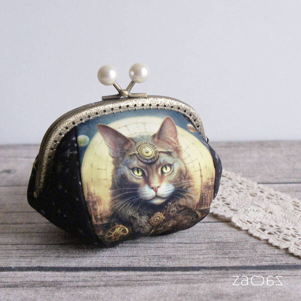 月猫がま口ポーチ*猫と満月*ハンドメイド