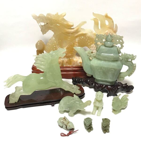 翡翠 彫り物 飾り 根付 置物 / 兎 猿 象 鶏 馬 龍 茶器 ティーポット / 天然石 ヒスイ 彫刻 古美術 骨董 古玩具 和田玉 唐物 中国