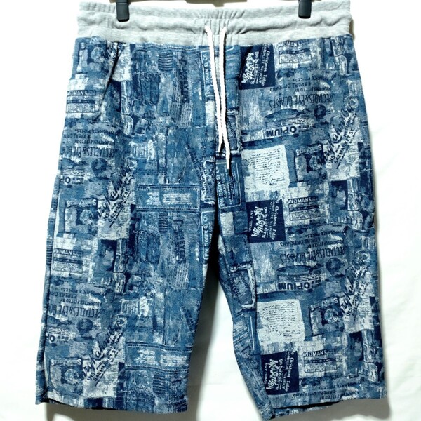 特価/未使用【サイズ=3L(2XL)】ノーブランド/メンズ/左右ポケット付き/スウェット/ハーフパンツ/胴囲=96~106cm/blue柄