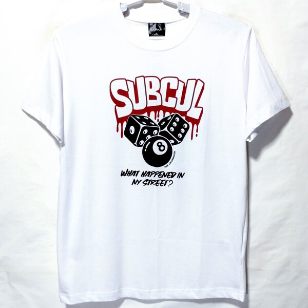 特価/未使用【サイズ=L】アメカジ/英字+ダイスプリント/メンズ/半袖/Tシャツ/胸囲=96~104cm/white