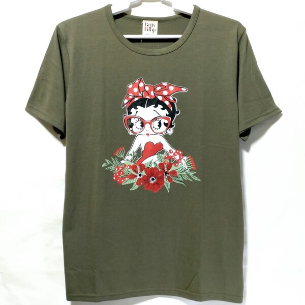 特価/未使用【サイズ=L(レディス)】BETTY BOOP/ベティ ブープ/レディス/半袖/Tシャツ/胸囲=86~94cm/khaki