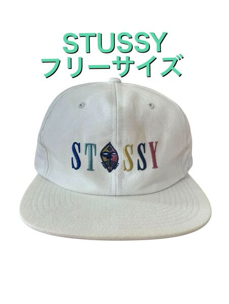 雰囲気抜群 STUSSY ステューシー ロゴ 刺繍 キャップ 白 ホワイト 本革ベルト 帽子 ビンテージ ヴィンテージ xpv