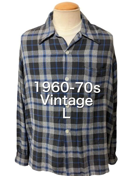 1960-70s ビンテージ GoldenKey チェック ギャバ シャツ L ネイビー グレー レーヨン オープンカラー ヴィンテージ 50s xpv