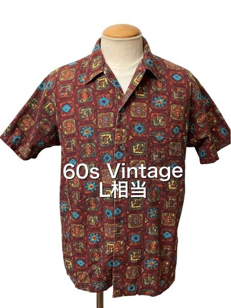 美品 60s ビンテージ バティック 柄 オープンカラー シャツ 半袖 L相当 エンジ系 ヴィンテージ 50s 70s xpv