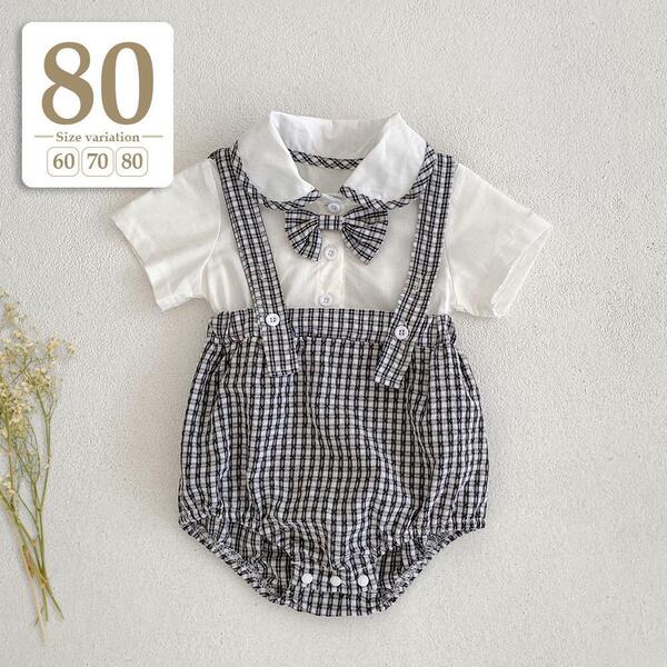 新品未使用 80cm ブラック〔#BMチェック柄サロペットロンパース〕半袖 ベビー フォーマル セレモニースーツ 男の子 結婚式 入園式 卒園式