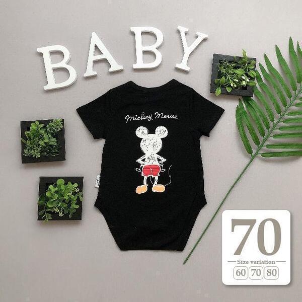 新品未使用 70cm ブラック〔#BMミッキーロンパース〕ディズニー 半袖 Tシャツ ペア 親子コーデ 男の子 女の子 ベビー キッズ 子供 パジャマ