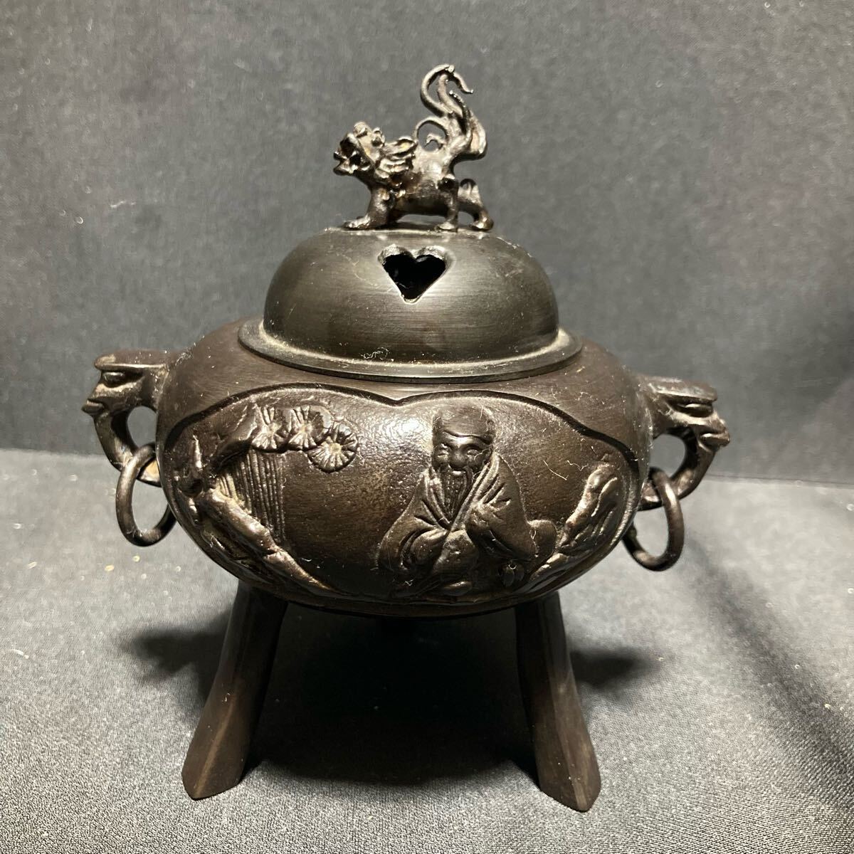 茶道具 銘入 唐子脚 宝袋巾着型 香炉 三足 古銅 煎茶道具 香道具