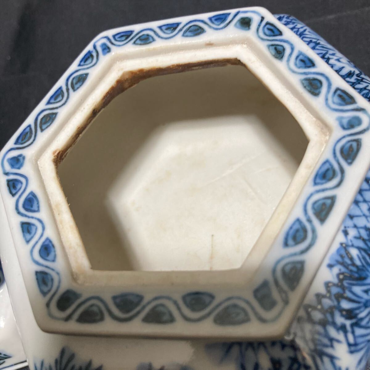 骨董　古染め付け香炉　ぼや付き D655 九谷焼 香炉 染付 茶道具 香道具 三足香炉 アンティーク 古