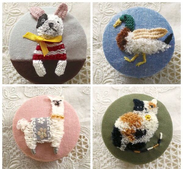 新品キット【4種まとめて】スタンプワークで作るほっこり動物ブローチ 手芸キット ハンドメイド 刺繍キット 手作り 服飾雑貨 日本製 犬 猫