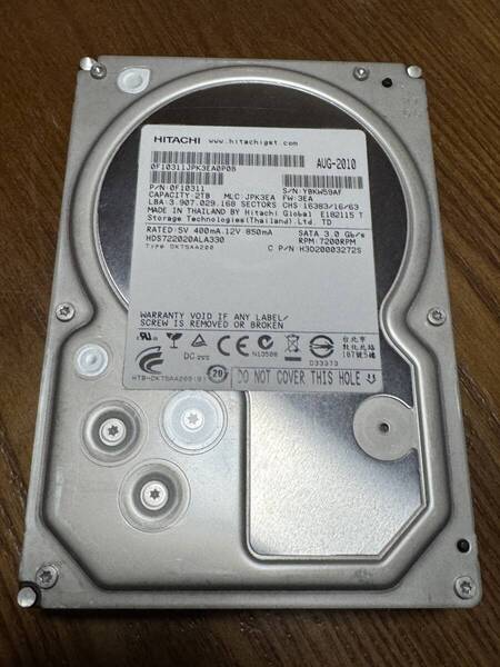 2TB HITACHI HDS722020ALA330 現状渡し 3.5インチ 内蔵 HDD 7200rpm SATA HGST 2000GB 非AFT品 使用時間1858h #59AF