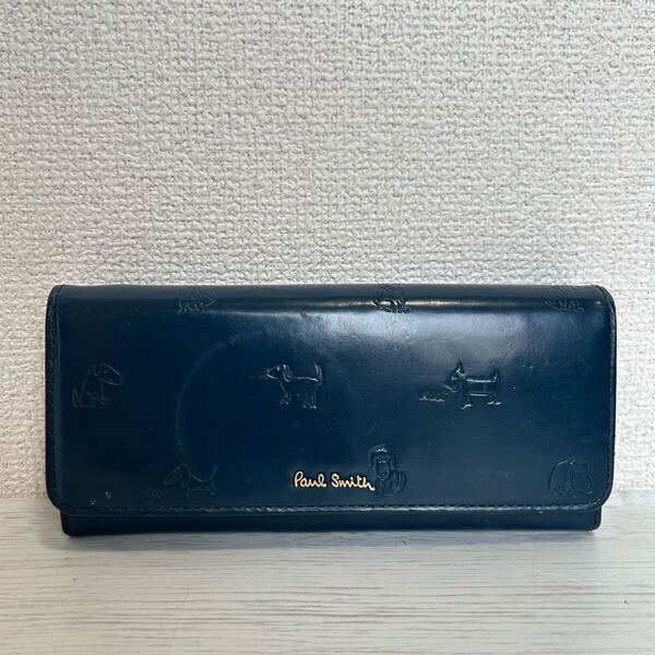 Paul Smith ポールスミス メンズ レディース 長財布 革財布 二つ折り財布 総柄 犬柄 型押し 青色 ネイビー ブルー 本革 牛革 レザー 海外