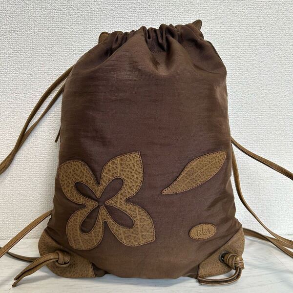 美品 IBIZA イビザ イビサ レディース リュックサック バックパック マザーズバッグ 総柄 花柄 茶色 ブラウン ナイロン レザー 日本製 高級