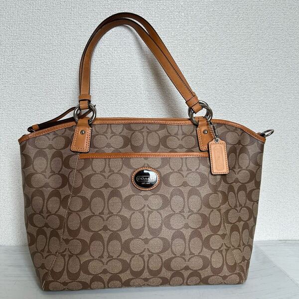COACH コーチ レディース 肩掛け トートバッグ ビジネスバッグ 総柄 シグネチャー柄 PVC レザー 茶色 ベージュ A4収納可能 大容量 F19817