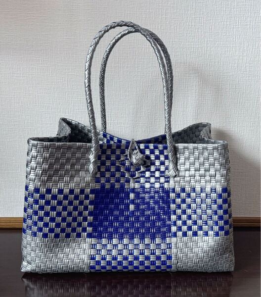 プラカゴ メルカド ハンドメイド パサール かごバッグ 軽量 トートバッグ マルシェ シルバー ダークブルー XLサイズ
