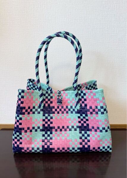 プラカゴ メルカド 大容量 トートバッグ ハンドメイド パサールバッグ かごバッグ XLサイズ ダークブルー×ライトブルー×ピンク
