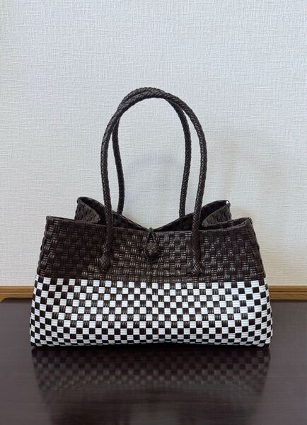 プラカゴ 横長 舟型 トートバッグ ハンドメイド メルカド パサールバッグ かごバッグ ダークブラウン×ホワイト