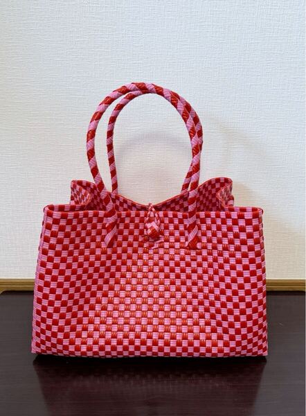 プラカゴ メルカド 大容量 トートバッグ ハンドメイド パサールバッグ かごバッグ XLサイズ レッド×ピンク