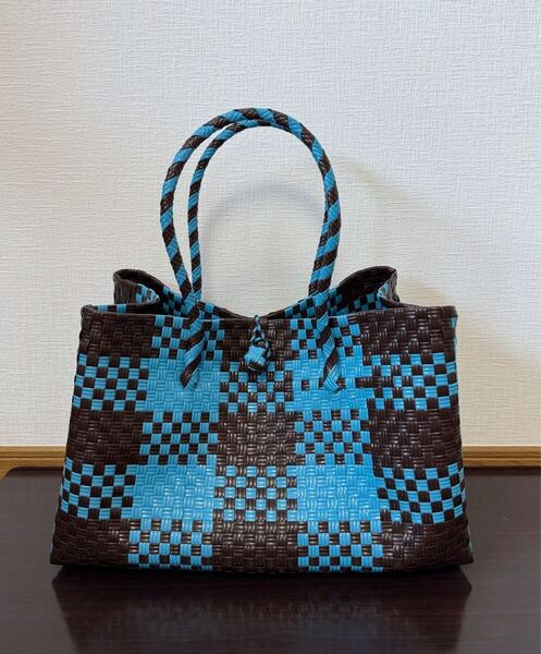 プラカゴ メルカド 大容量 トートバッグ ハンドメイド パサールバッグ かごバッグ XLサイズ ダークブラウン×ブルー