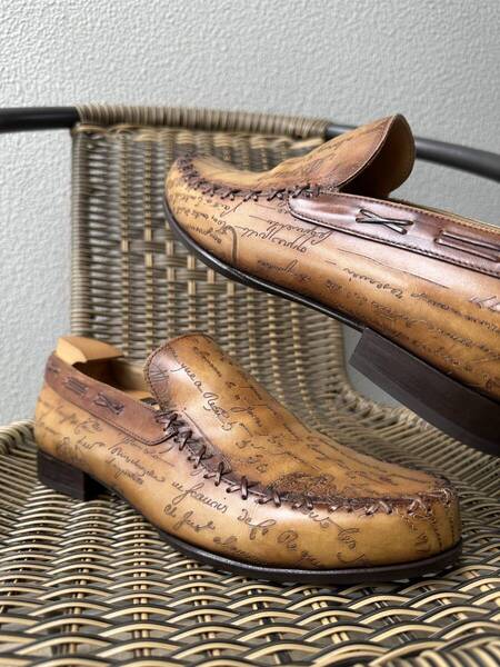 特注60万 Berluti Federico Scrit Leather Loafers ベルルッティ フェデリコ スクリットレザー 革靴 ローファー スリッポン ブラウン 7,5