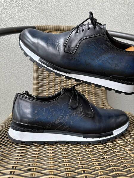 限定38万 BERLUTI FastTrack Scrit Leather Sneakers ベルルッティ ファストトラック スクリットレザー スニーカー ブルー 7,5 名作 完売品