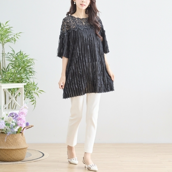 チュニック フラワーレース 切替デザイン N12-735 TRUBE L LL フリー 大人可愛い ミセス fmsd キレイメ おしゃれ着 デイリーファッション