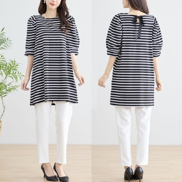 チュニック バックリボン付き ボーダー カットソー ロングTシャツ N83-073 ブラック TRUBE M~L大人可愛い ミセス fmsd キレイメ 普段着