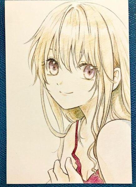 オリジナル 手描きイラスト ポストカードサイズ 色鉛筆 女の子 アナログイラスト 美少女 原画