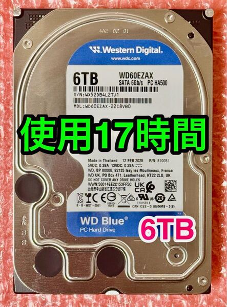 【送料無料★使用時間 17時間★6TB】WD60EZAX★WesternDigital/SATA/2025年2月製