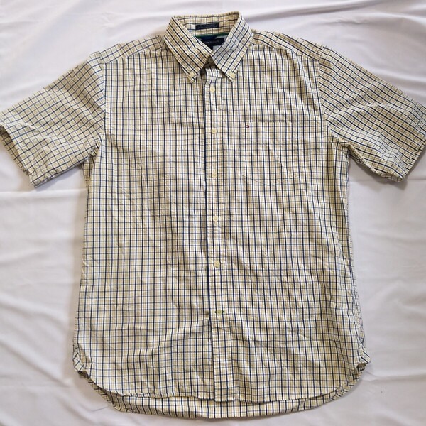 050【即決・送料無料】TOMMY HILFIGER トミーヒルフィガー 半袖ボタンダウンシャツ メンズM イエロー/ネイビー/チェック柄