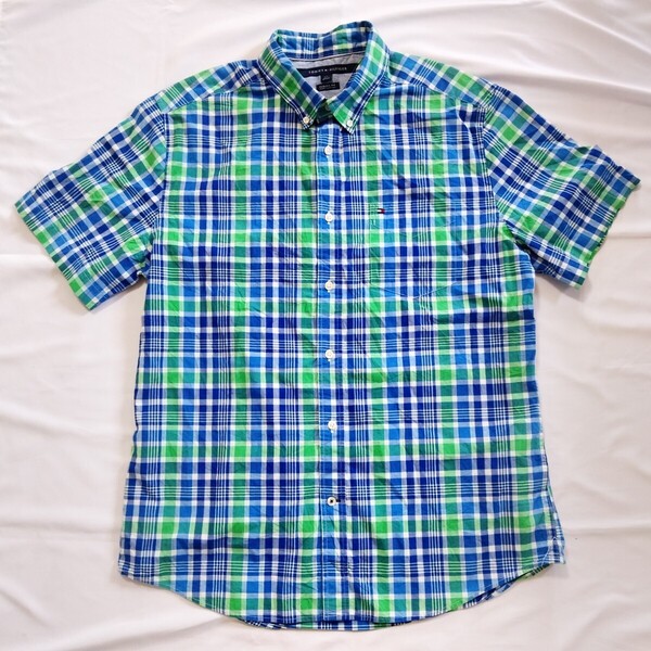 049【即決・送料無料】TOMMY HILFIGER トミーヒルフィガー 半袖ボタンダウンシャツ メンズL グリーン/ブルー/チェック柄