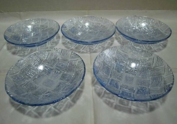 中皿 ガラス製 ブルー 5枚 デザート皿 取り皿 深皿 プレート 硝子 食器 工芸品 レトロ