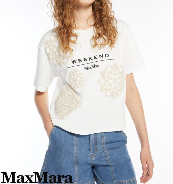 春夏新作45%OFF マックスマーラ Max Mara 刺繍デザイン ロゴTシャツ ホワイト Mサイズ 【送料無料】