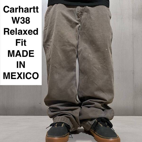 メキシコ製 Carhartt カーハート リラックスフィット ワークパンツ w38 l32 古着 茶色 ブラウンカーキ 中古品 メンズ オーバーサイズ 極太
