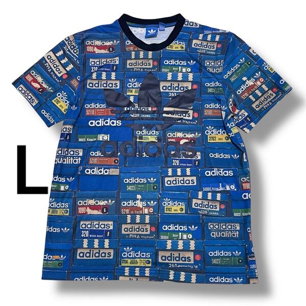 adidas originals アディダスオリジナルス 半袖 Tシャツ 総柄 ロゴ柄 トレフォイル L ブルー メンズ カジュアル
