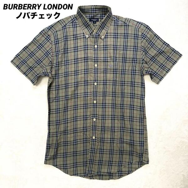 【希少/良品】バーバリーロンドン BURBERRY LONDON 半袖シャツ ノバチェック M カーキ グリーン 胸元ホースロゴ ボタン ゆったり メンズ