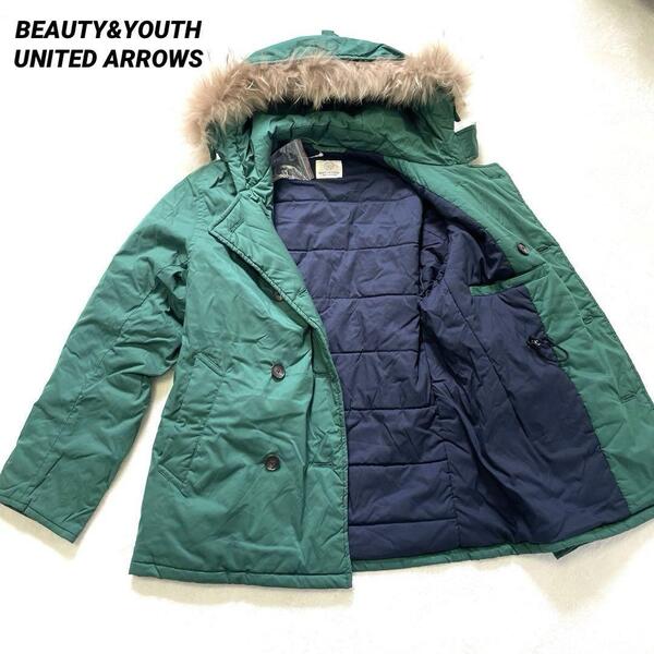 【訳あり】BEAUTY&YOUTH ビューティアンドユース ユナイテッドアローズ ダウンジャケット 緑 黒 ファー付き Mサイズ 取り外し可 レディース