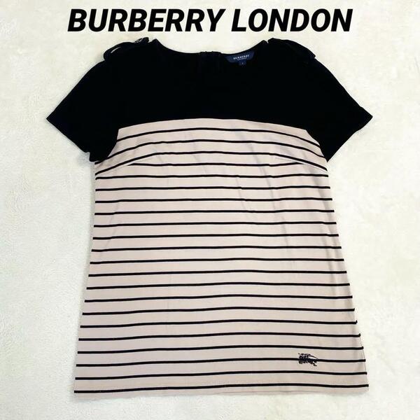 【良品】BURBERRY LONDON バーバリーロンドン ボーダー Tシャツ 裾ロゴ サイズ1 S レディース 透け感なし ブラック ベージュ レディース