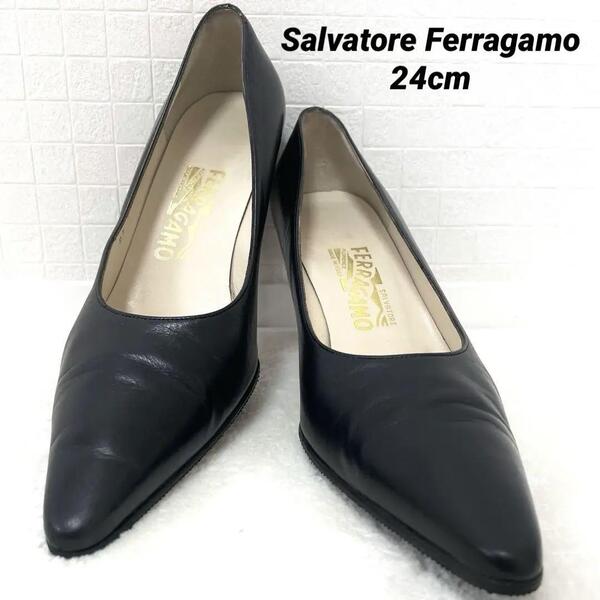 【良品 24cm相当】Salvatore Ferragamo サルヴァトーレフェラガモ パンプス 黒 ポインテッドトゥ フォーマル ビジネス レディース 6 1/2