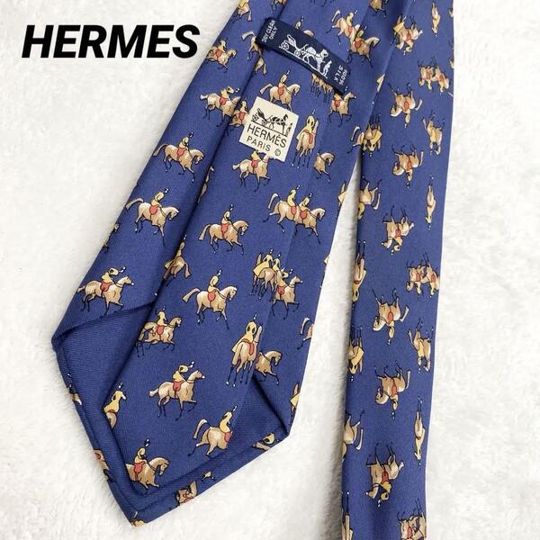 【美品】HERMES エルメス ネクタイ 馬柄 ブルー シルク100% アニマル ホース 華やか ビジネス
