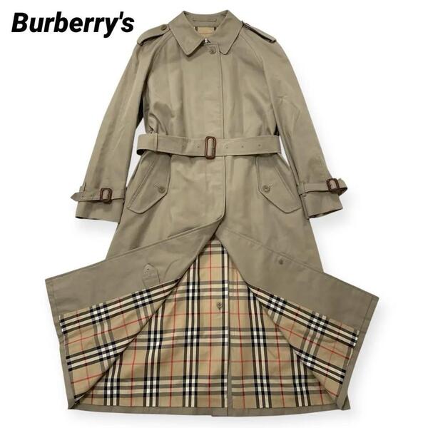 【良品】Burberry's バーバリーズ ロングコート ステンカラー ベルト付 ベージュ ノバチェック 白タグ L相当 11AB3 レディースヴィンテージ