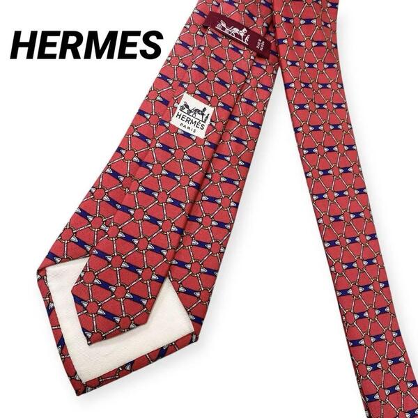 【美品】エルメス HERMES ネクタイ レッド 赤 鎖柄 シルク100% ハイブランド 華やか スーツ ビジネス フォーマル メンズ