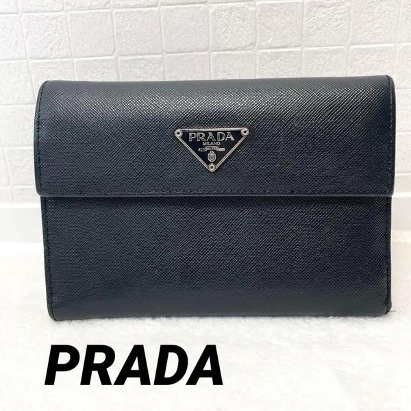 【正規品/人気デザイン 訳あり良品!】PRADA プラダ 三つ折り財布 レザー 三角ロゴ トライアングル ブラック 黒 高級感 男女兼用 デイリー