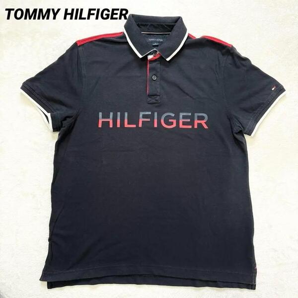 【美品Mサイズ】TOMMY HILFIGER トミーヒルフィガー ロゴプリント 半袖ポロシャツ 黒赤 カジュアル ストリート ブラック メンズ 春夏