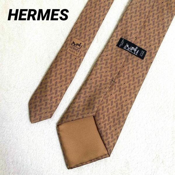 【美品/Hロゴ柄】エルメス HERMES ネクタイ シルク100% ブラウンキャメル ブラック メンズ スーツ オールシーズン フォーマル ハイブランド
