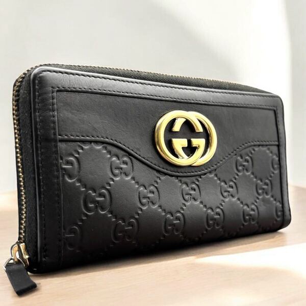 m82 Gucci グッチ ブラック スーキー 長財布 シマレザー ラウンドファスナー
