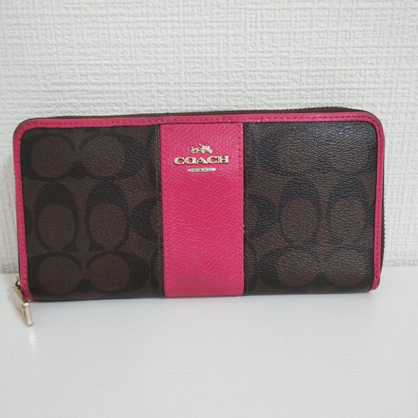 COACH コーチ 長財布 シグネチャー レザー ラウンドファスナー ロングウォレット ブラウン×ピンク 小銭入れあり レディース 送料無料